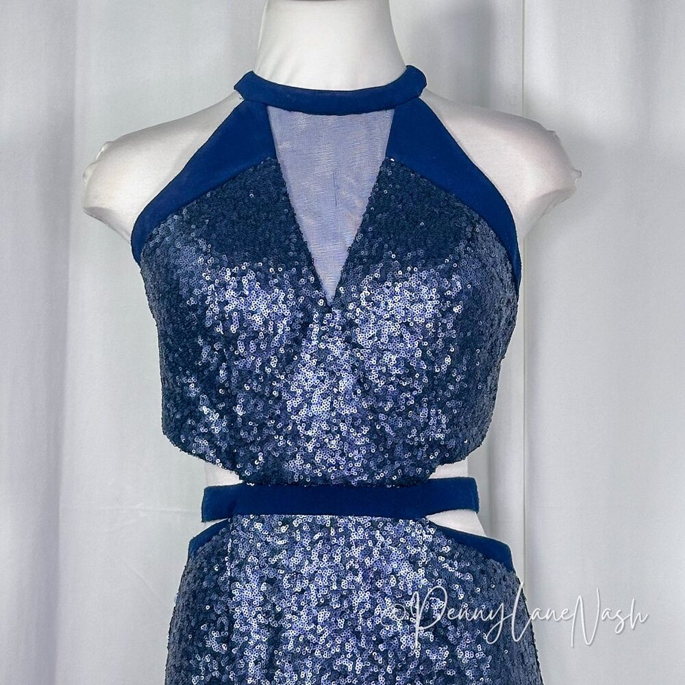Alyce Paris Sequin Halter V Neck Cutout Fitted Cocktail Dress Navy - Picture 3 of 13